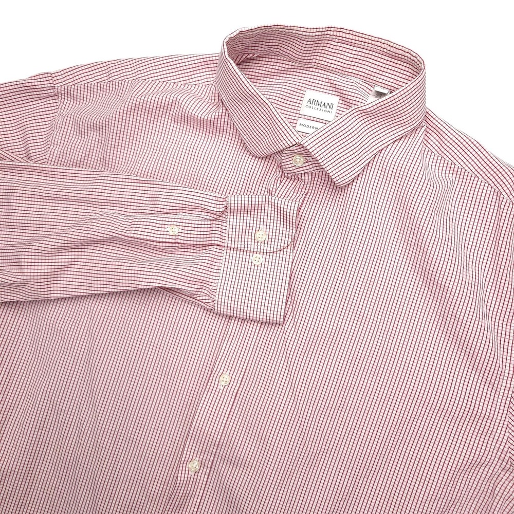Armani Collezioni Dress Shirt Mens 18 Red Check Long‎ Sleeve Button Up Cotton